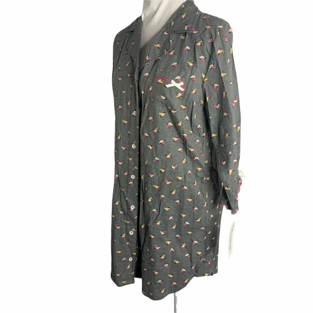 Olsenboyle Bird Print Sleep Shirt M Grey Button Front Pocket Long Sleeve Pajama